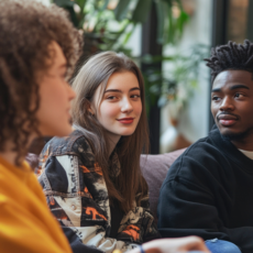 Drie jongeren met verschillende huidskleuren in gesprek